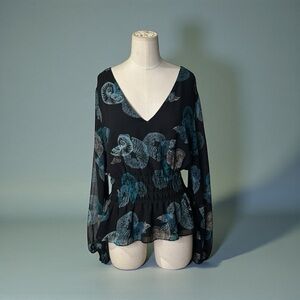 WHITE HOUSE BLACK MARKET L peplum v-neck-lined-sheer sleeves-wash/wear